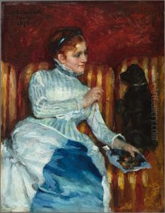 Woman on a Striped Sofa with a Dog Woman on a Striped Sofa with a Dog