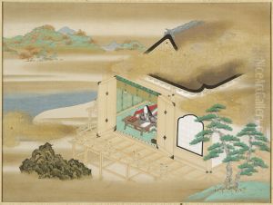 Landscape with Murasaki Shikibu writing at Ishiyamadera (Frontispiece to an album containing 54 illustrations and calligraphic excerpts from the Tale of Genji)