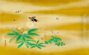 Three Butterflies and a Bee Amid Wild Daisies and Violets