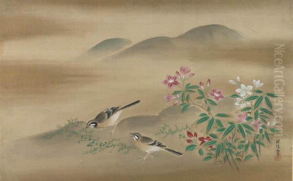Two Java Sparrows Amid White and Pink Bell Flowers - view 1