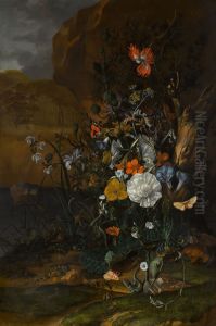Still life of flowers, with butterflies, insects, a lizard and toads, beside a pool by Rachel Ruysch