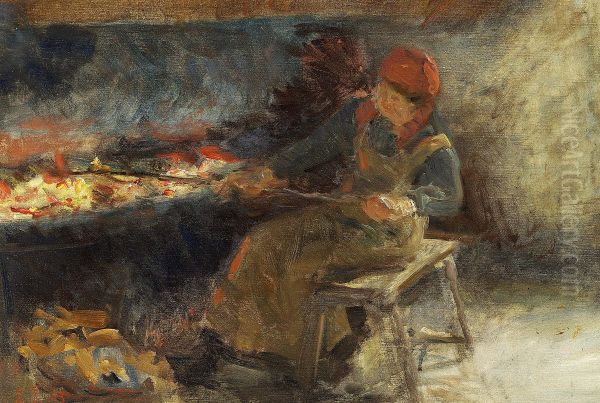 A woman at the fireplace. - view 1