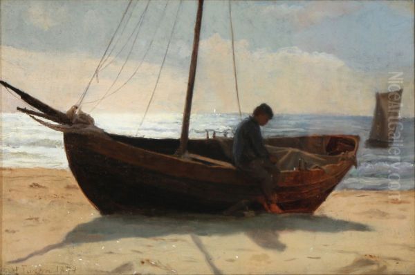 Fisher boy in a boat on the beach. Sketch. - view 1