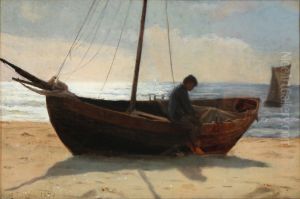 Fisher boy in a boat on the beach. Sketch. by Laurits Tuxen