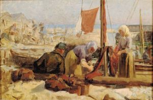 Fransk kystparti med fiskerkoner, der ordner garn. Fransk kystparti med fiskerkoner, der ordner garn.