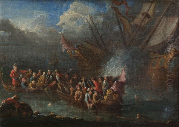Sailors escaping from a burning ship - view 1
