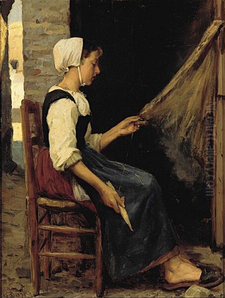 Young fisherwoman mending nets. - view 1