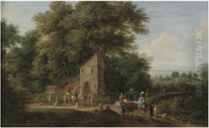 A wooded landscape with elegant company on horseback by Jan Baptist van der Meiren