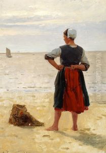 Beach scene from Bretagne. A young fisherwoman is looking at the sea. by Laurits Tuxen
