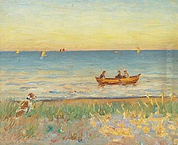 Skagen Sonderstrand med tre mand i robad, i strandkanten hund. - view 1