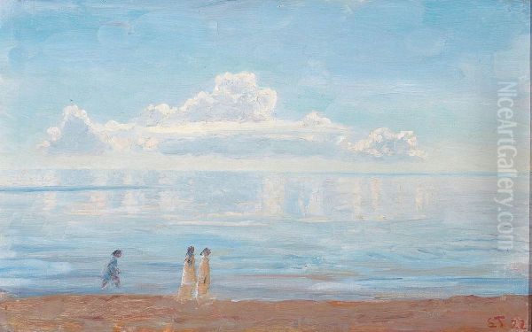 Children walking at the beach at Skagen, Denmark. - view 1