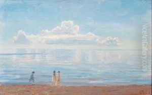 Children walking at the beach at Skagen, Denmark. by Laurits Tuxen