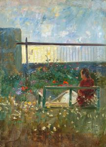 Kunstnerens datter Nina i haven ved kunstnerens villaDagminne, Skagen. by Laurits Tuxen