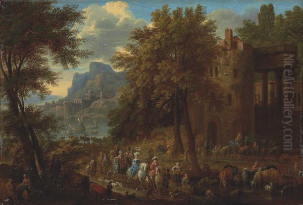 A wooded landscape with an elegant company passing through architectural ruins, with a castle and harbour beyond - view 1