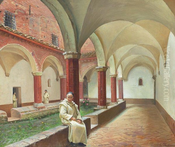 A monk sitting in a cloister in the sunligt. - view 1