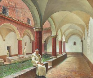 A monk sitting in a cloister in the sunligt.