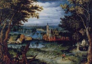 Wooded landscape with a floral garden and a castle