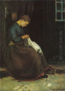 Ung pige beskaeftiget med sit sytoj i doren til et hus by Anna Ancher