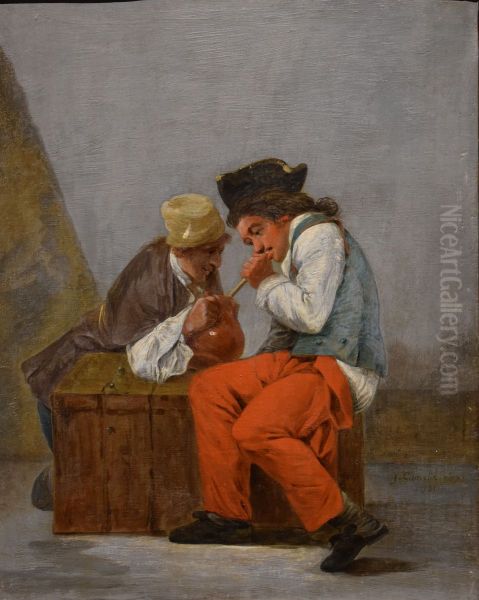 Two young soldiers drinking from a jug - view 1