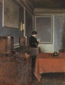 Stue. En stor Empire-Sofa fylder hele den venstre Halvdel af Billedet. by Vilhelm Hammershoi