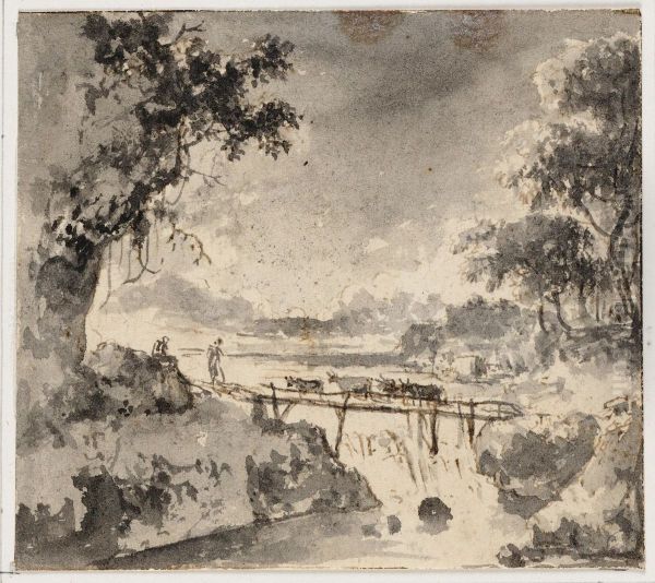 Cattle on a wooden bridge over a waterfall - view 1