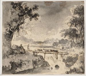Cattle on a wooden bridge over a waterfall by Hans De Jode