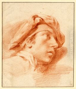 Head of a young man looking up, almost in profile to r, wearing a soft cap close over his brow, possibly a self-portrait by Dirck Helmbreker