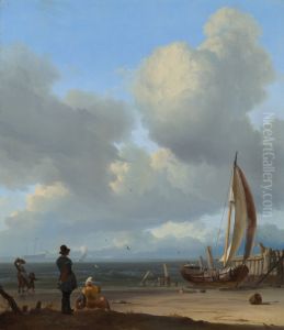 Zeegezicht met figuren bij een vissersboot op het strand by Ludolf Bakhuizen