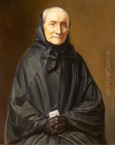 Portrait of Ane Hedvig Brondum in s black dress, sitting with folded hands.