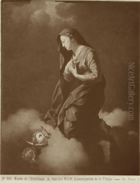 Maria kneeling on a cloud, with two cherubs below - view 1