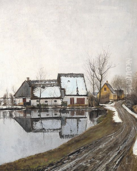 "Vinterdag med stille tovejr. Husene spejler sig i gadekaeret". Baldersbronde - view 1