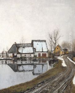 "Vinterdag med stille tovejr. Husene spejler sig i gadekaeret". Baldersbronde by Laurits Andersen Ring