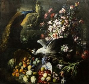 Flowers, fruits, birds by Abraham Brueghel