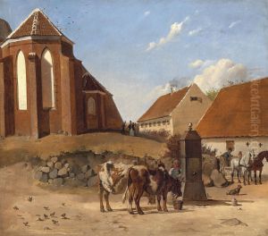 "Mikkelskirken i Slagelse, set fra Fisketorvet". Koerne vandes ved vandposten "Mikkelskirken i Slagelse, set fra Fisketorvet". Koerne vandes ved vandposten