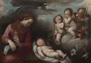 The Madonna And Child, With Angels Bearing Thesymbols Of The Passion by Guglielmo Caccia
