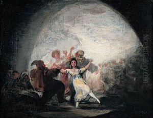 es:Baile de mascarasoes:Danzantes enmascarados bajo un arco by Francisco Goya Fuendetodos