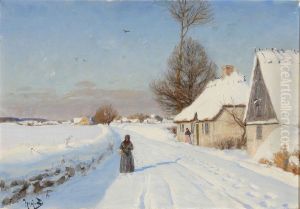 Vinterdag i udkanten af en landsby med personer ved strataekte huse. Vinterdag i udkanten af en landsby med personer ved strataekte huse.