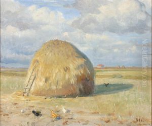 A summer day in Skagen with hens near a haystack.