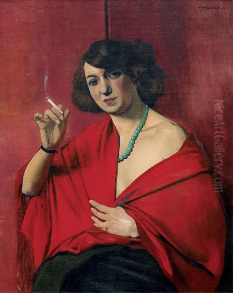 Femme drapee de rouge tenant une cigarette - view 1