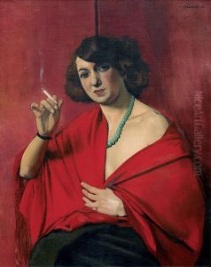 Femme drapee de rouge tenant une cigarette by Felix Vallotton
