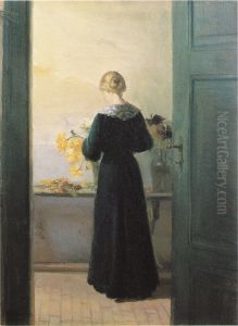 En ung pige ordner blomster. by Anna Ancher