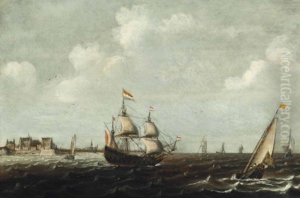 A dutch threemaster and other shipping in choppy waters, a view of fort Rammekens off the coast of Vlissingen in the background - view 1