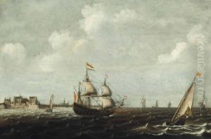A dutch threemaster and other shipping in choppy waters, a view of fort Rammekens off the coast of Vlissingen in the background by unknown