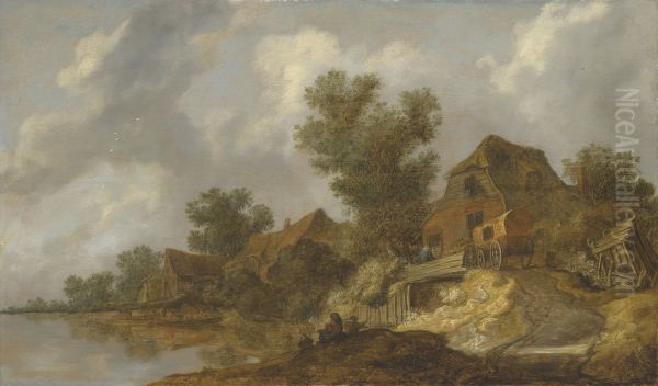 A river landscape with a ferry and fisherfolk, a carriage on a bridge near houses to the right - view 1
