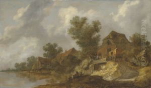 A river landscape with a ferry and fisherfolk, a carriage on a bridge near houses to the right by Pieter De Molijn