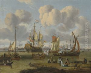 Shipping off Amsterdam with figures on a quay by Abraham Storck