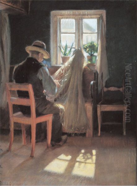 The fisherman Kraen Wollesen mending nets. - view 1