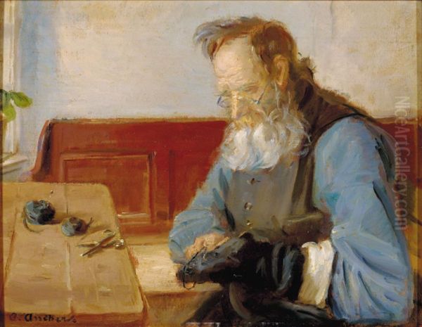 A man mending his stockings. - view 1