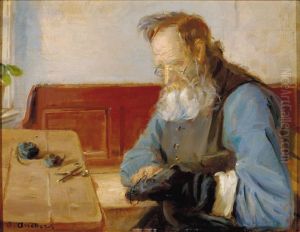 En mand, der stopper stromper. by Anna Ancher