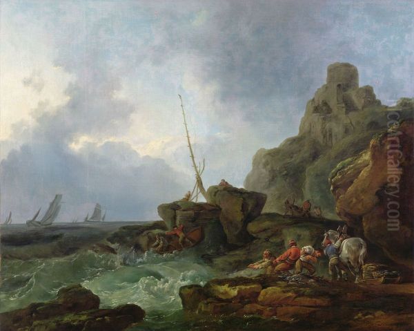 The Wreckers (Fishermen pulling in their nets in rough sea) - view 1